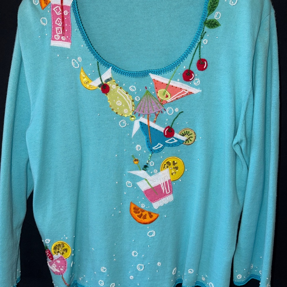 Jack B Quick Beaded Cocktail Sweater XL Tropical Tiki Ramie Cotton
